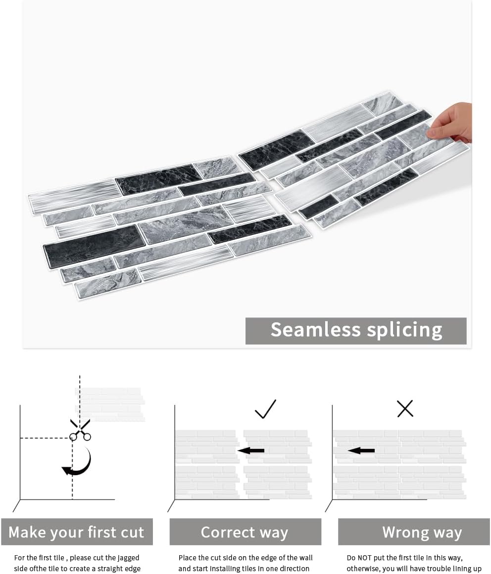 36 Sheets of Self Adhesive Marble Tile Wall Tiles Vinyl Sticker | 9.68 x 4.72in Water Resistant, Easy to Stick and Peel off, Suitable for DIY Decoration on Ceilings and Walls (Black)
