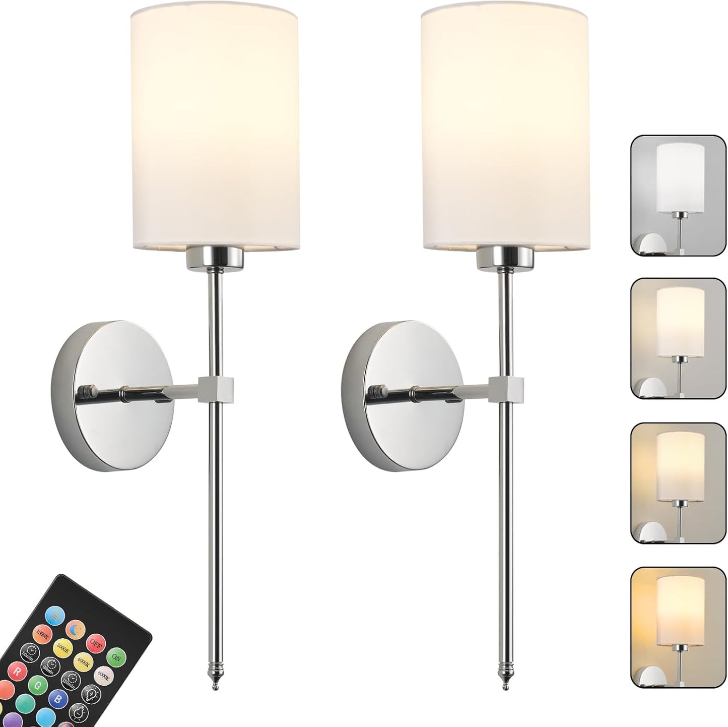 Battery Operated Wall Sconces Set of Two,Wireless Rechargeable Wall Light With Remote Control, Dimmable, Amber Light/Warm White/Natural White/Daylight/RGB, Timer,for Living Room,Bedroom,Entryway,Gold