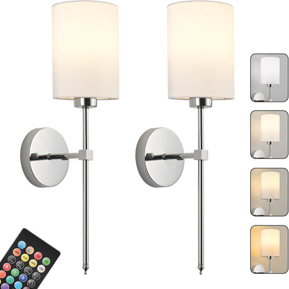 Battery Operated Wall Sconces Set of Two,Wireless Rechargeable Wall Light With Remote Control, Dimmable, Amber Light/Warm White/Natural White/Daylight/RGB, Timer,for Living Room,Bedroom,Entryway,Gold