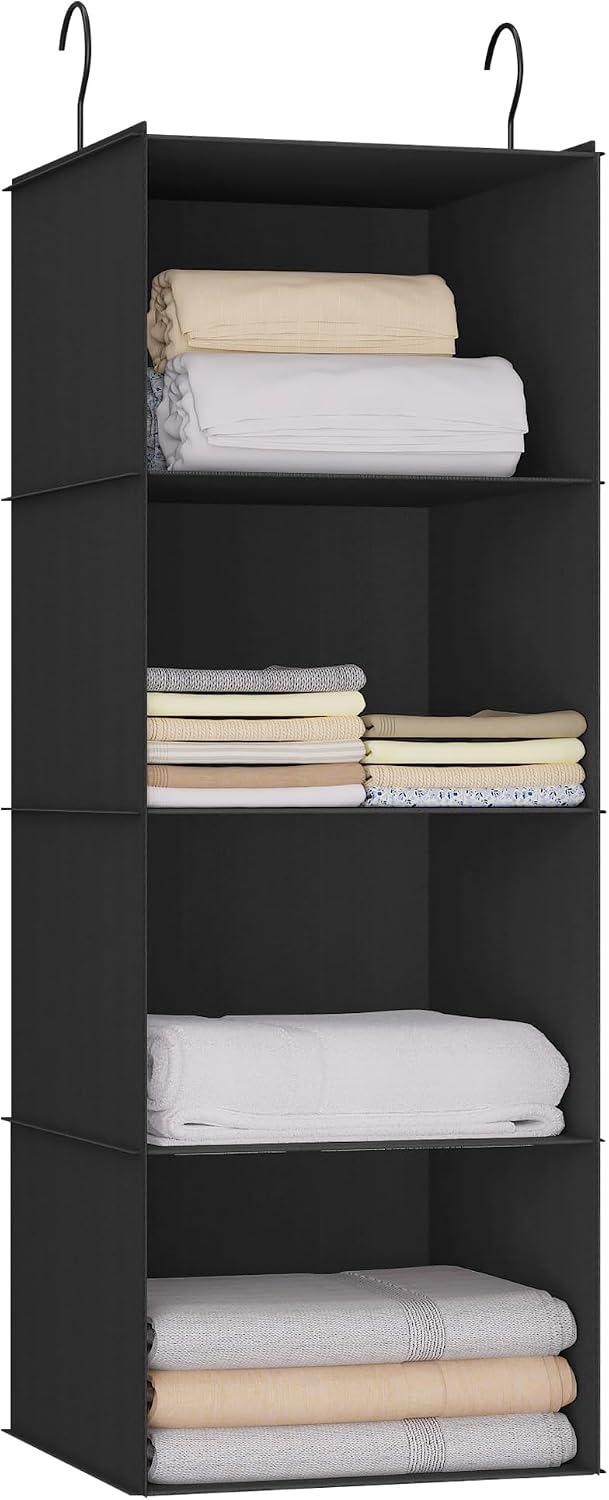 Hanging Closet Organizer 3-Shelf, Oxford Fabric Wardrobe Storage, Gray | Easy-mount foldable design holds clothes, handbags, shoes & accessories; washable Oxford fabric, sturdy and space-saving.