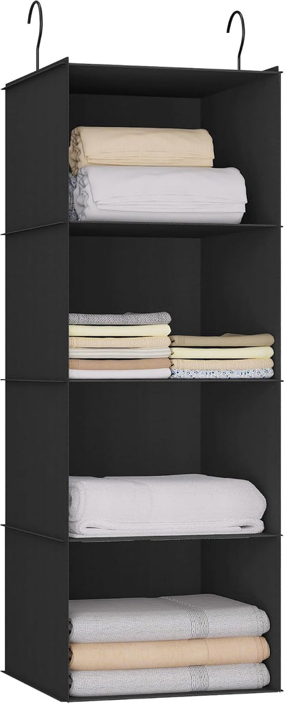 Hanging Closet Organizer 3-Shelf, Oxford Fabric Wardrobe Storage, Gray | Easy-mount foldable design holds clothes, handbags, shoes & accessories; washable Oxford fabric, sturdy and space-saving.