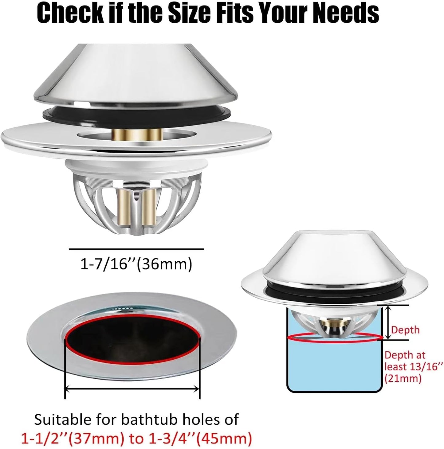 Anlige Bathroom Sink Drain Strainer, 2PCS 3 in 1 Pop Up Bathroom Sink Stopper with Removable Brass Basket Hair Catcher, Universal Sink Plug for 1.06 to 1.6in Drain Hole, Chrome Silver