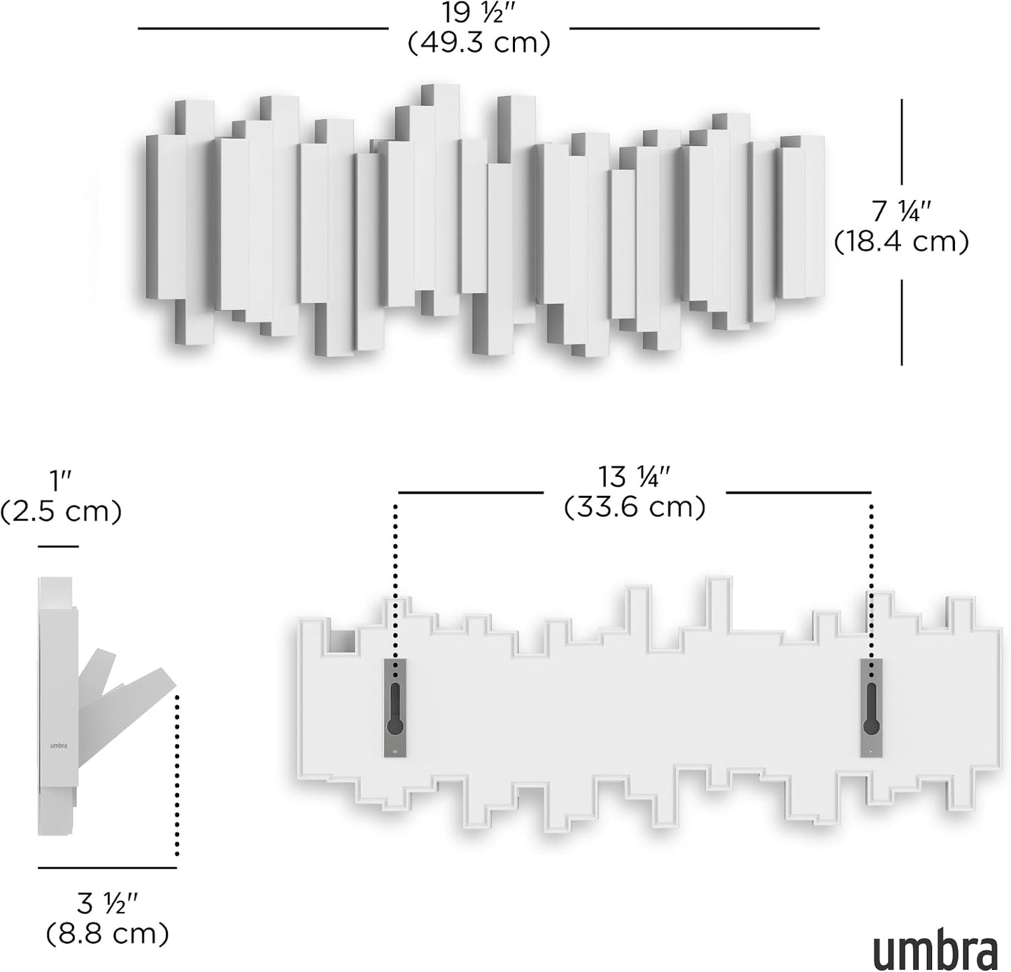 Umbra Sticks Wall-Mounted Coat Rack Rail Hook with 5 Retractable Pegs – Modern, Space-Saving Storage Organizer, Black