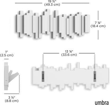 Umbra Sticks Wall-Mounted Coat Rack Rail Hook with 5 Retractable Pegs – Modern, Space-Saving Storage Organizer, Black