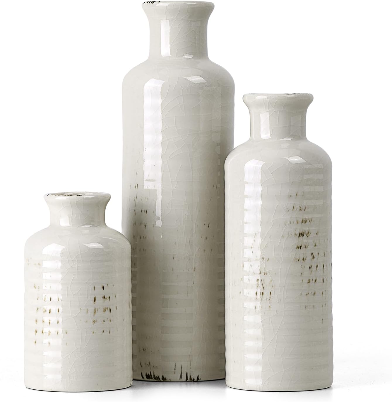 CUCUMI Ceramic Vase Set of 5, Home Decor Farmhouse Décor Handmade Pottery Vases for Pampas Grass, Dried Fresh Flowers, Table, Living Room, Kitchen, Shelf, Entryway Mantel Neutral Tones