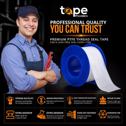 WOD PTST35S Plumbers Pipe Teflon Thread Seal Tape - 1 inch x 520 inch (Case of 50 Rolls) - Leak Proof Sealant for Water, Gas, Oil, Most Chemicals, Hydraulic and High Pressure Lines