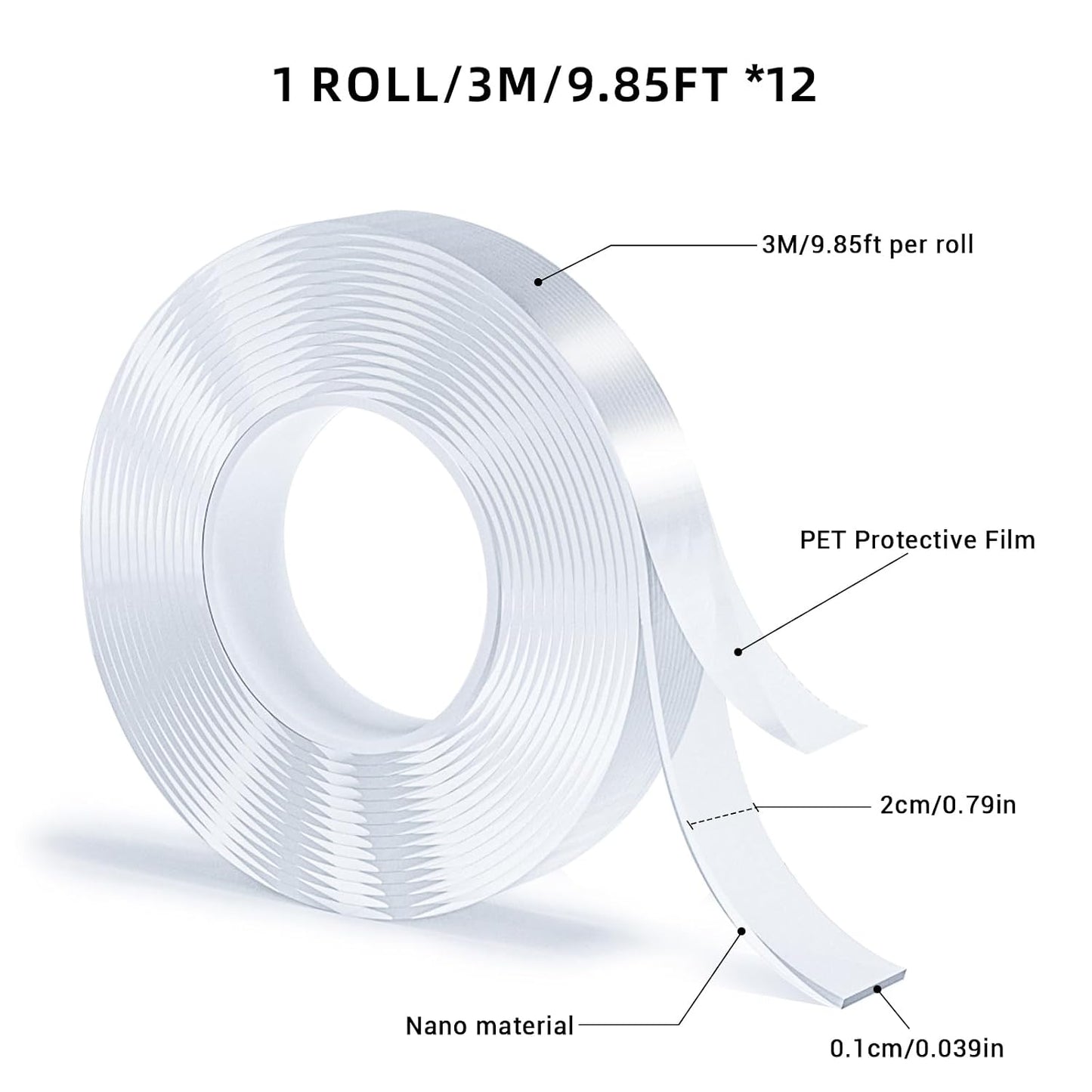 3 Rolls Double Sided Tape, Nano Tape, Transparent Adhesive Tape, Traceless Adhesive Tape, Removable, Washable, Reusable, Suitable for Carpets, Photo Walls, 9.85 Feet Per Roll