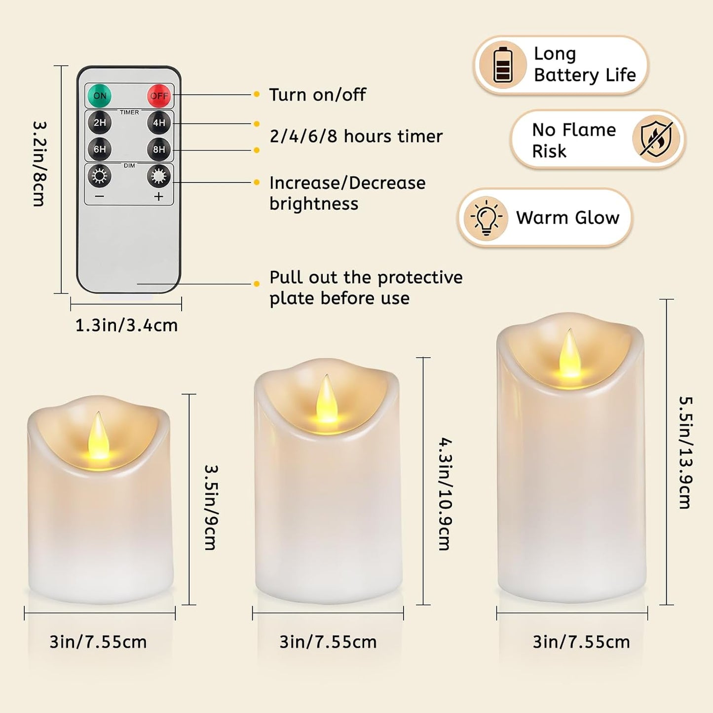 Flameless Candles 4" 5" 6" Set of 3 Ivory Outdoor Indoor Pillars 3" Diameter Battery Operated Flickering Candles Include 10-Key Remote Timer Function 400+ Hours Requires 2 AA Batteries（3 Pack)