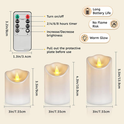 Flameless Candles 4" 5" 6" Set of 3 Ivory Outdoor Indoor Pillars 3" Diameter Battery Operated Flickering Candles Include 10-Key Remote Timer Function 400+ Hours Requires 2 AA Batteries（3 Pack)