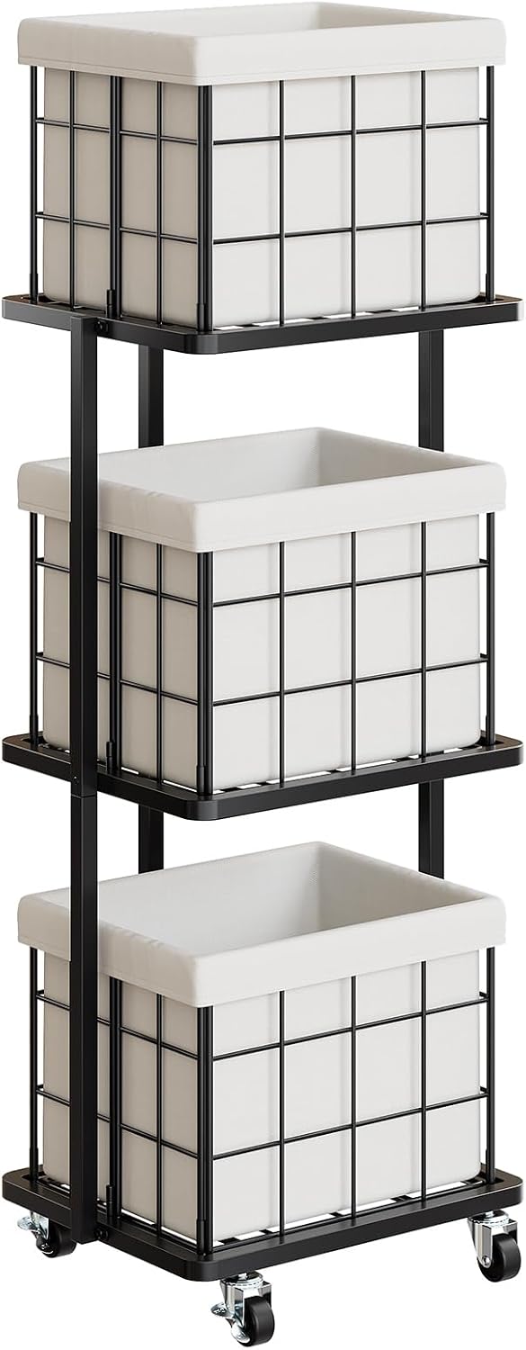 120L Vertical Rolling Laundry Hamper with Removable Bags, 3 Section Laundry Basket with Wheels, Slim Tall 3 Tier Laundry Sorter for Small Spaces, Dorm, Laundry Room, Bathroom, Closet, White