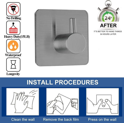 Fotosnow Adhesive Towel Hooks 15lbs Heavy Duty Wall Hooks Waterproof Stainless Steel Hanger for Hanging Coat, Hat, Towel Robe Hook Rack Wall Mount- Bathroom and Bedroom 4-Packs