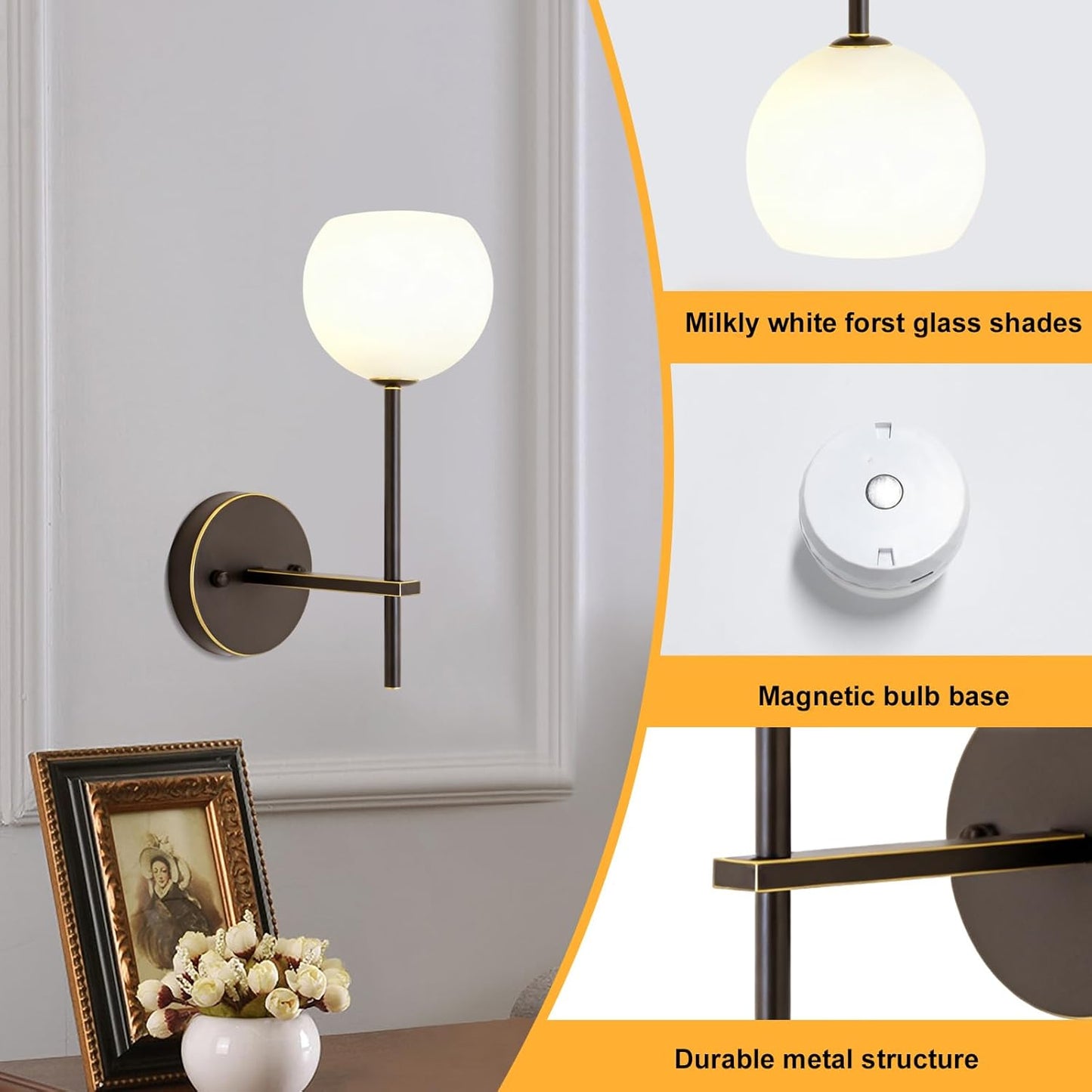 Brass Battery Operated Wall Sconces Set of 2, Rechargeable Wireless Wall Lights with Milky White Frosted Glass, 12 RGB and 3CCT Dimmable, Wall Lamps with Remote for Bedroom Living Room Hallway