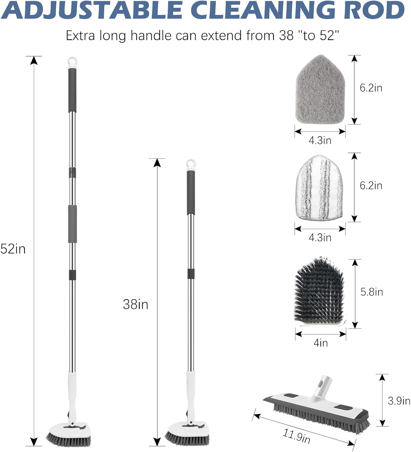 SetSail Tile Tub Scrubber Brush 3-in-1 Shower Scrubber with 52-inch Adjustable Long Handle Shower Cleaner Brush and 3 Detachable Replacement Brush Heads for Cleaning Bathroom Kitchen Walls Tub Tile