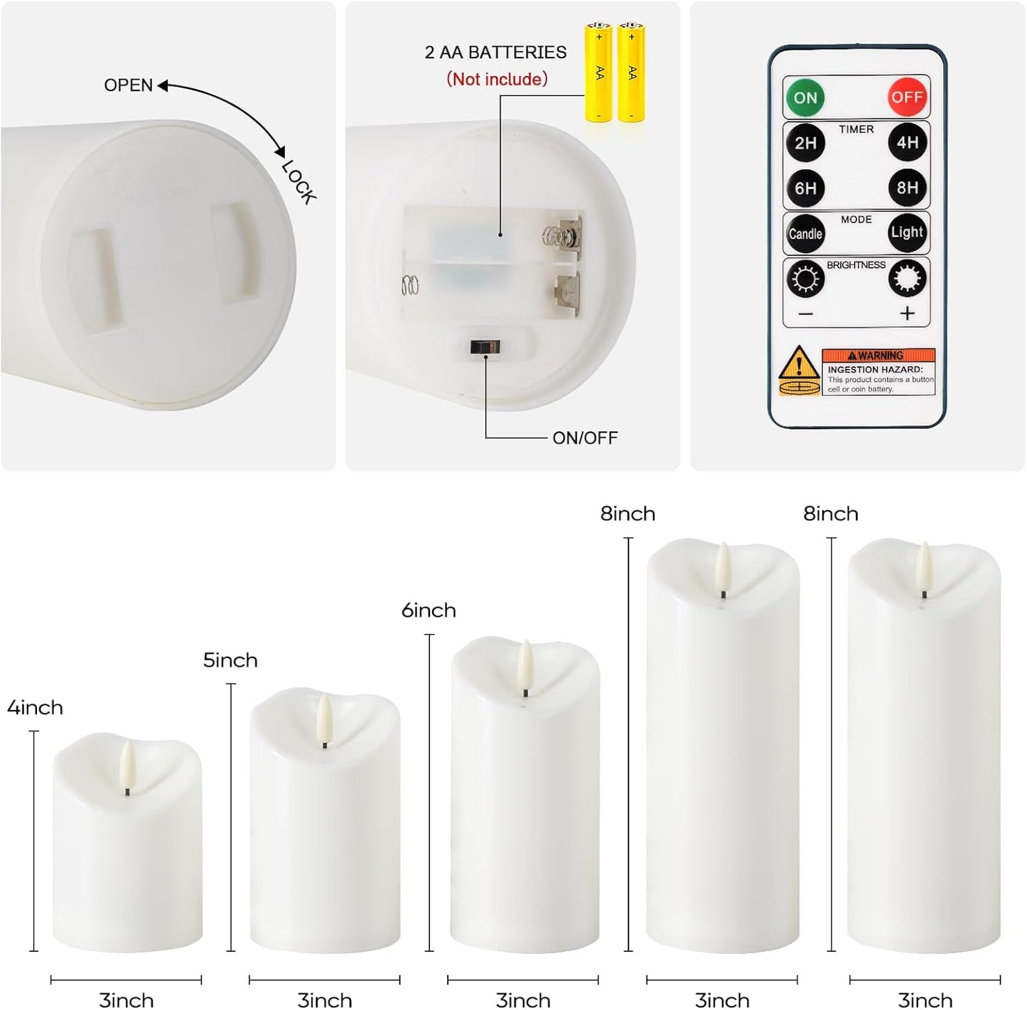 Amagic IP65 Waterproof Outdoor Flameless Candles with Remote, LED Candles Battery Operated with Timer, Flickering Fake Pillar Candle for Outside Patio Yard Decor, Ivory, Set of 5, D3 X H4 5" 6" 8" 8"