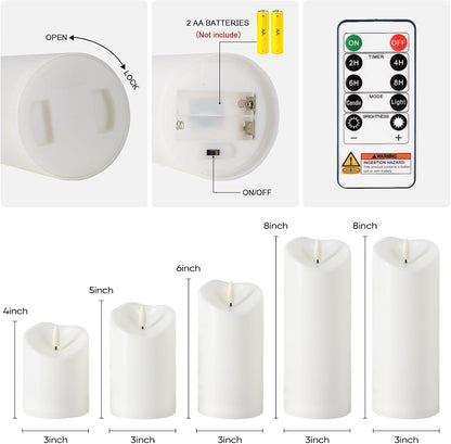 Amagic IP65 Waterproof Outdoor Flameless Candles with Remote, LED Candles Battery Operated with Timer, Flickering Fake Pillar Candle for Outside Patio Yard Decor, Ivory, Set of 5, D3 X H4 5" 6" 8" 8"