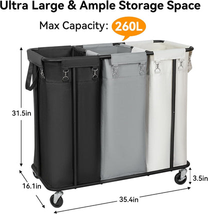 WOWLIVE Laundry Hamper with Wheels 260L Rolling Laundry Basket 3 Section Organizer Laundry Cart with Steel Frame and Removable Bags Large Dirty Clothes Hamper Dorm Room Storage for Bedroom