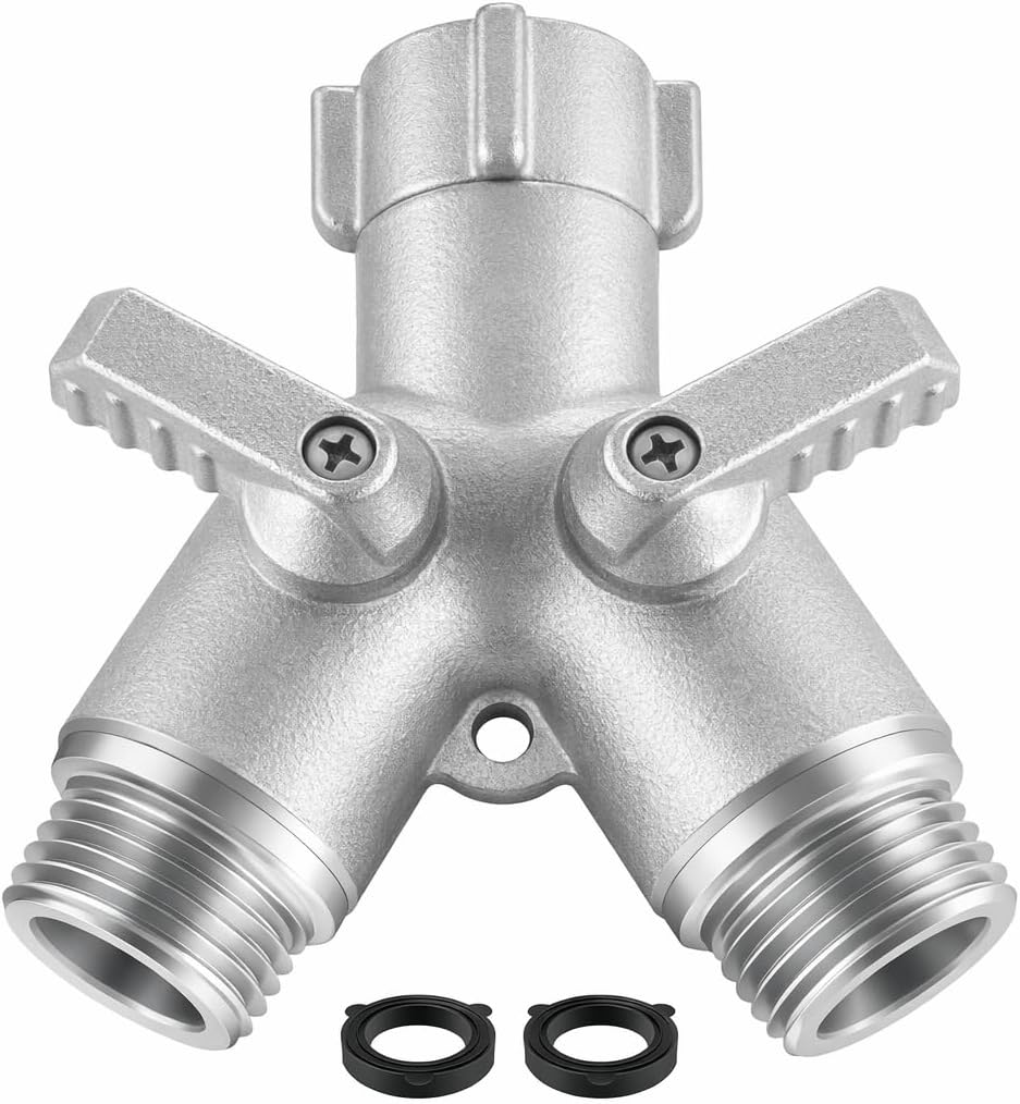 Heavy Duty Garden Hose Splitter 2 Way, Brass Full Flow Y Hose Splitter with Thickened Easy-Turn Handle, 3/4" GHT Outdoor Faucet Connector with Shut-Off Valves