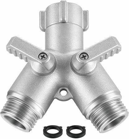 Heavy Duty Garden Hose Splitter 2 Way, Brass Full Flow Y Hose Splitter with Thickened Easy-Turn Handle, 3/4" GHT Outdoor Faucet Connector with Shut-Off Valves