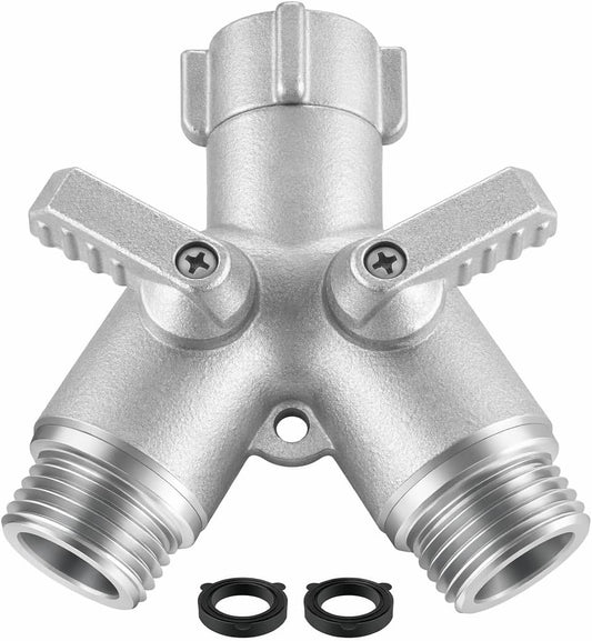 Heavy Duty Garden Hose Splitter 2 Way, Brass Full Flow Y Hose Splitter with Thickened Easy-Turn Handle, 3/4" GHT Outdoor Faucet Connector with Shut-Off Valves