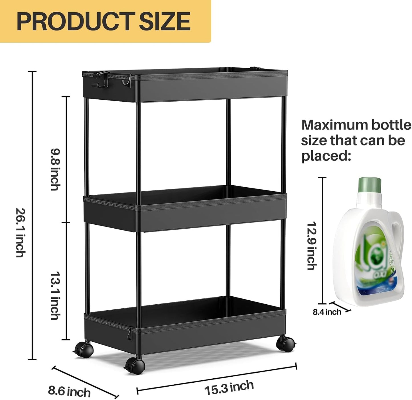 SPACEKEEPER 5-Tier Rolling Cart, Bathroom Storage Organizer Utility Cart, Mobile Shelving Unit Slide Out Shelves for Kitchen Living Room Laundry Room & Dressers, Black