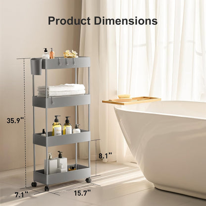 Pipishell Slim Storage Cart with Wheels - Bathroom Cart Organizer Storage, 4 Tier Rolling Carts for Bathroom, Laundry Room, Kitchen, Narrow Space, Black PIUC05