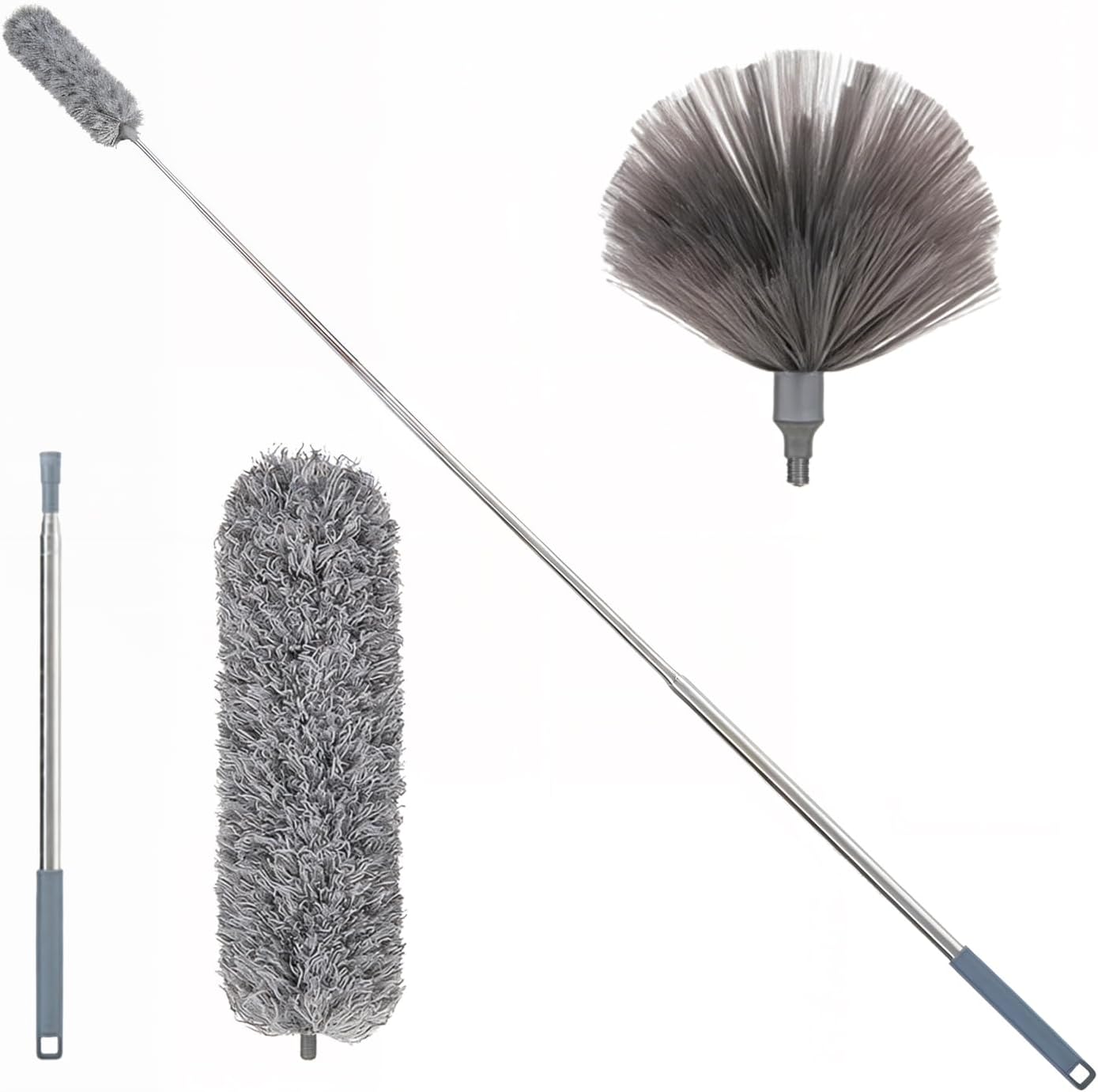 Washable Cobweb Duster Kit with Telescoping Aluminum Pole | Includes 2 Duster Heads & Corner Brush for High Ceilings, Fans, and Hard-to-Reach Areas