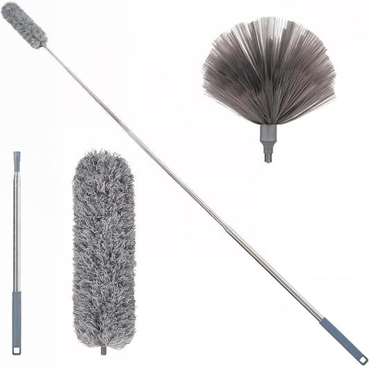 Washable Cobweb Duster Kit with Telescoping Aluminum Pole | Includes 2 Duster Heads & Corner Brush for High Ceilings, Fans, and Hard-to-Reach Areas