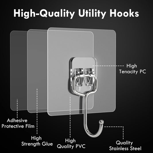 10 Pack Large Adhesive Hooks, Wall Hooks for Hanging Heavy Duty 22Ib(Max), Clear and Removable Strong Sticky Hooks, Waterproof and Rustproof Multiple Uses for Bathroom Kitchen Office