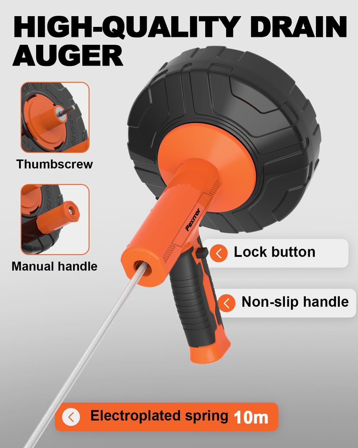 33FT Drain Snake Auger with Auto-Feed Manual/Powered, Drain Clog Remover Tool for Sink, Toilet, Shower & Tub, Professional Plumbing Snake, Gloves & Storage Drum, Easy Clear Hair Clogs