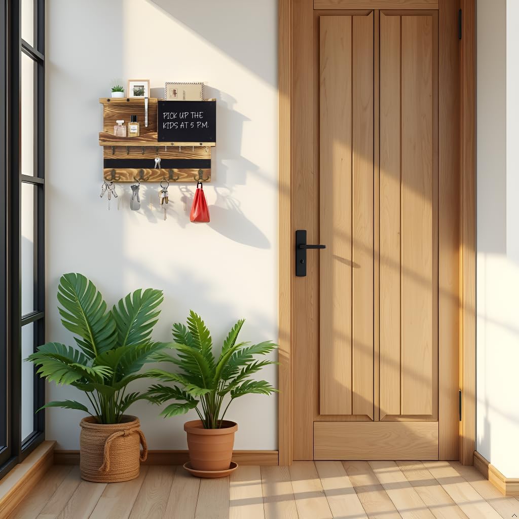 Key Holder for Wall Mount with Shelf and Mail Organizer, Key and Mail Holder with 16 Hooks, Farmhouse Entryway Organizer, Home Decor Rack (Pine Wood, Black)