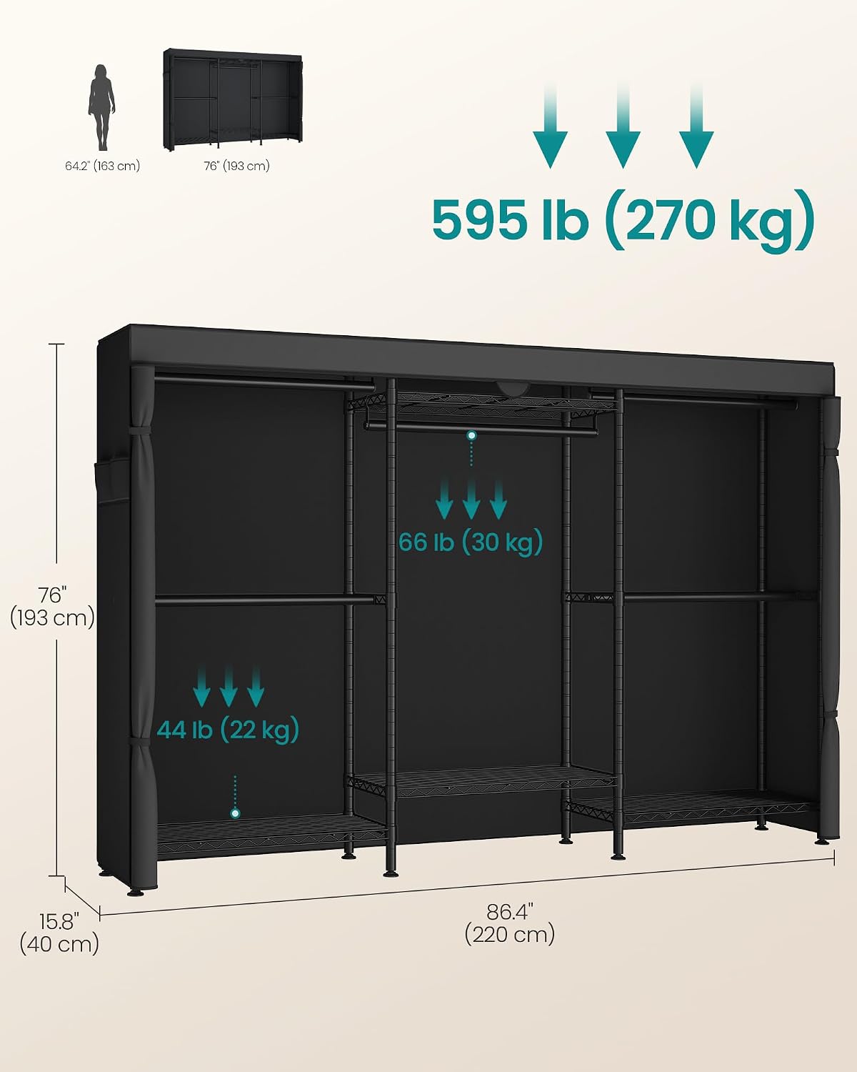SONGMICS Heavy-Duty Clothes Rack, Garment Rack, Portable Closet, 68.7-Inch Wide Clothing Rack with Adjustable Mesh Shelves and Hanging Rails, Ink Black ULGR433B01
