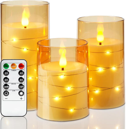 Amagic Red Flameless Candles 3 Set, Flickering Battery Operated Candles Embedded Fairy String Light, Realistic Pillar Candle with Remote Control and Timer, Acrylic, D3 x H4 5" 6"