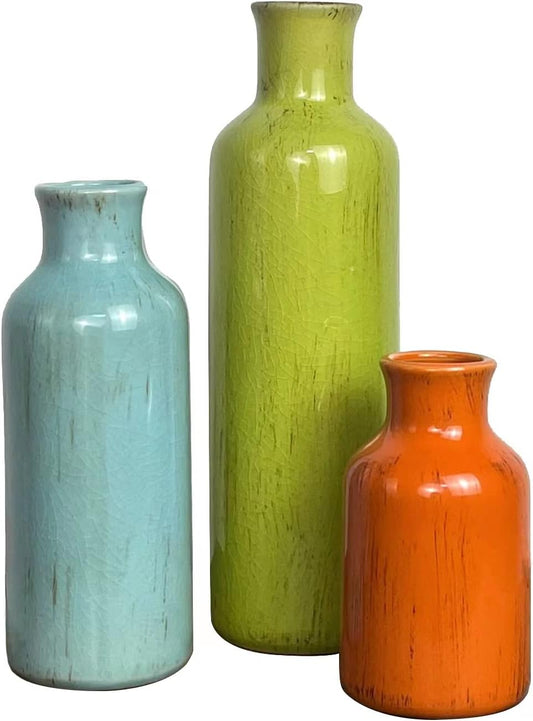 Ceramic Vase Set 3, Multi-Color Modern Vase, Rustic Farmhouse Flower Vase for Home Décor, Small Crackled Decorative Vase for Table,Bookshelf,Kitchen Counter and Entrance Decoration (Mutil-Color)