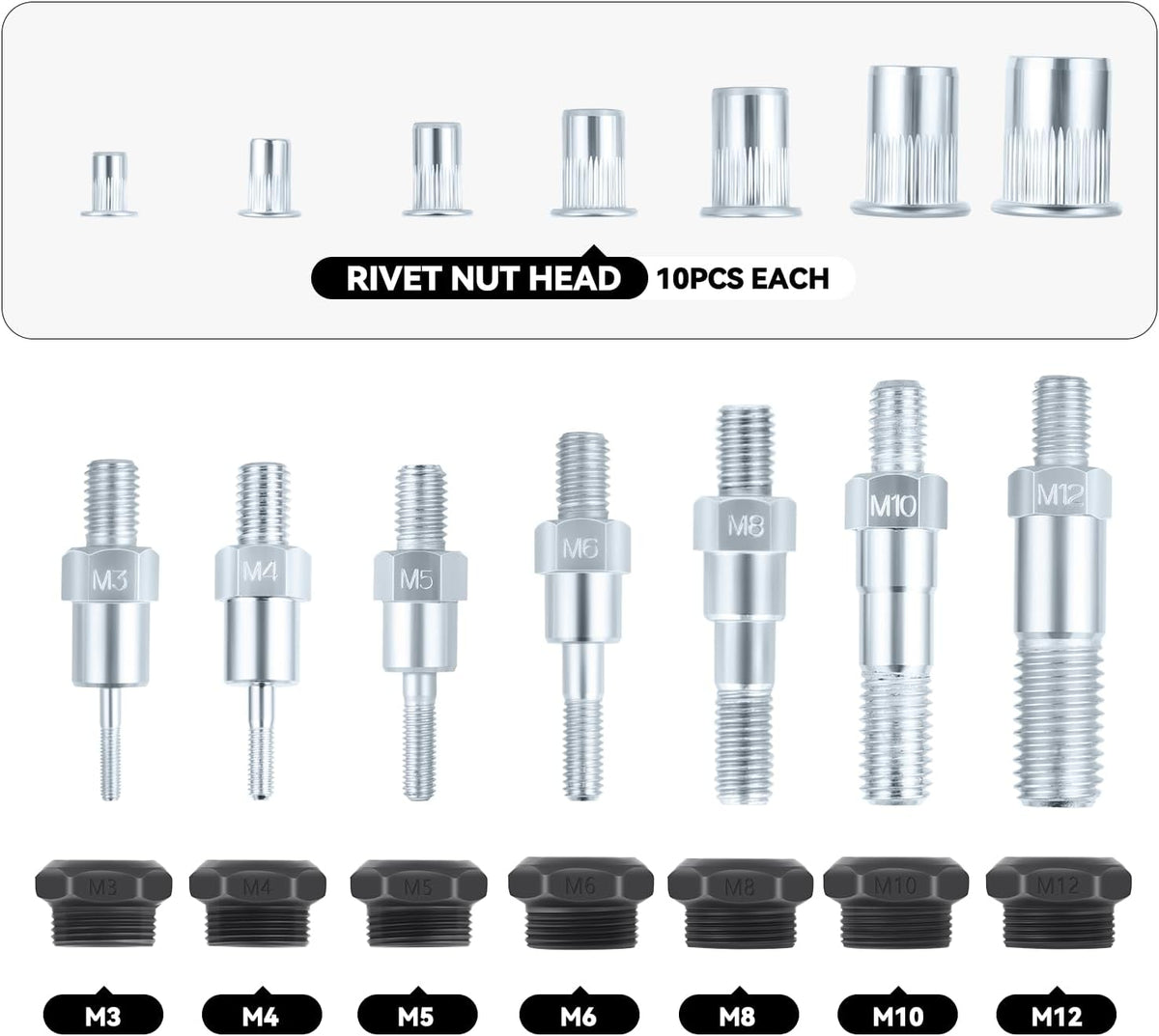Auto Dynasty 21" Hand Riveter Rivet Nut Tool Set with 5 Guide Nozzle Silver Repair Hand Tool Kit Set for Home Household Office Warehouse