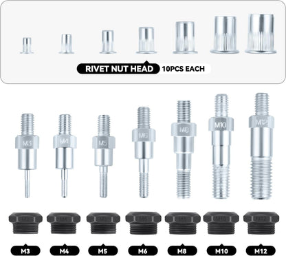 Auto Dynasty 21" Hand Riveter Rivet Nut Tool Set with 5 Guide Nozzle Silver Repair Hand Tool Kit Set for Home Household Office Warehouse