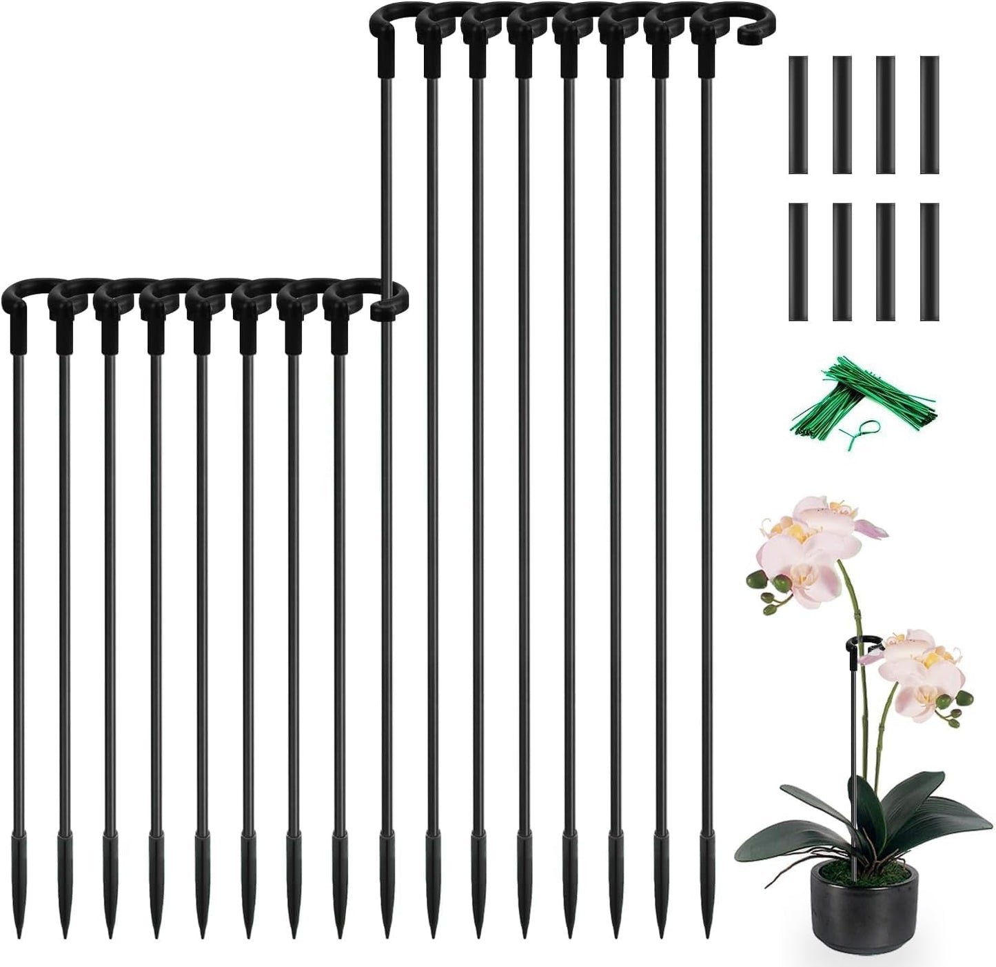 Plant Stakes 17inch &11inch SupKing Adjustable Length Plant Support Stake 16Pcs Orchid Stick with Clips for Indoor Outdoor,Garden Pole for Potted Tomato Amaryllis Vegetables Comes with 20 Ties (Green)