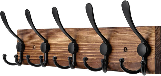 Kuhome 2pcs Coat Rack Wall Mount Wooden Hat Rack for Wall Hooks Pine Real Wood Plank 16.9" Brown Coat Hanger with 5 Triple Hooks for Hanging Coat Hat Jacket