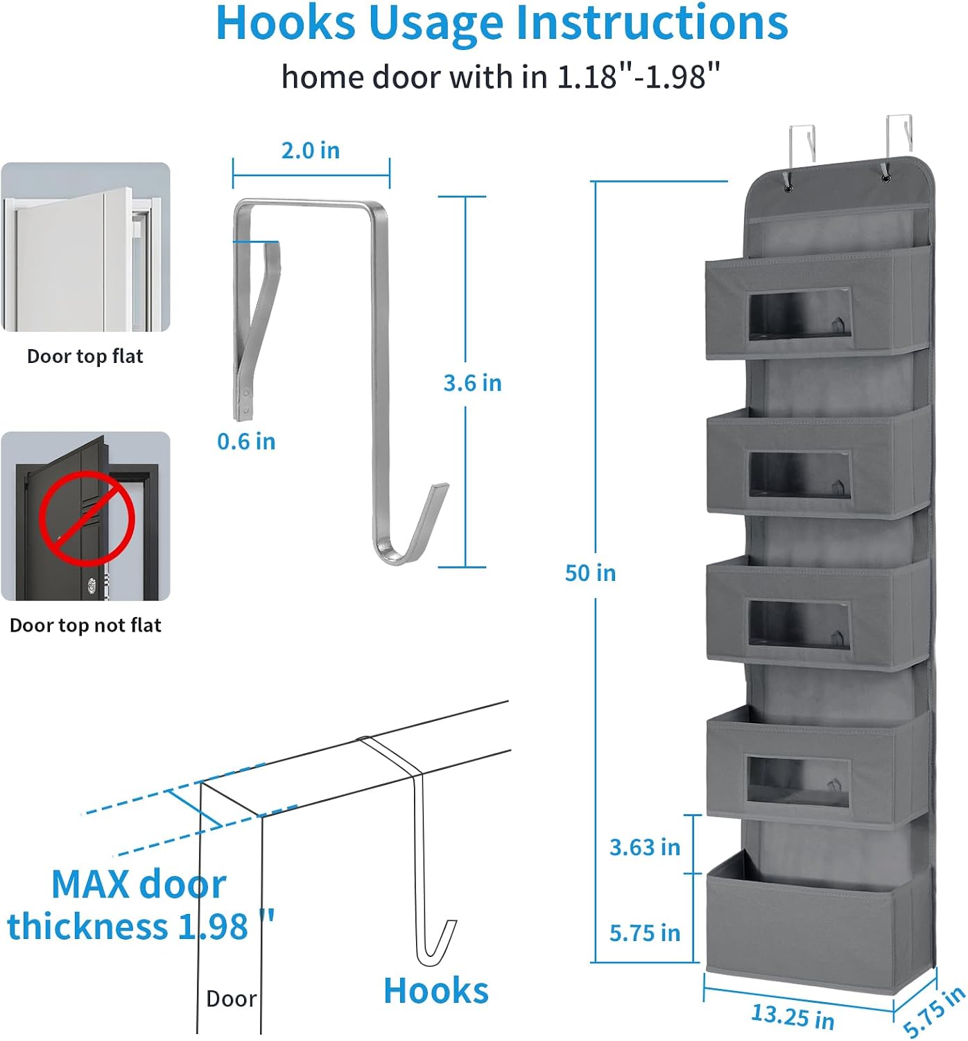 MAX Houser 4-Shelf Over The Door Hanging Organizer with 2 Metal Hooks, Gray | 4 Pocket Swing-proof Behind Door Organizers with Clear Windows for Bathroom Closet, Dorm
