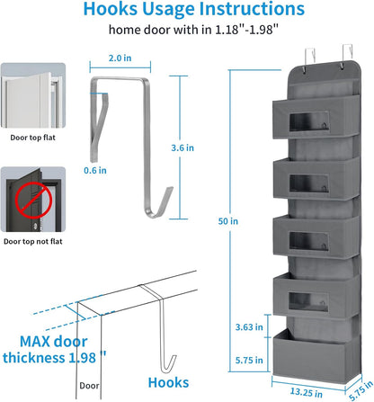 MAX Houser 4-Shelf Over The Door Hanging Organizer with 2 Metal Hooks, Gray | 4 Pocket Swing-proof Behind Door Organizers with Clear Windows for Bathroom Closet, Dorm