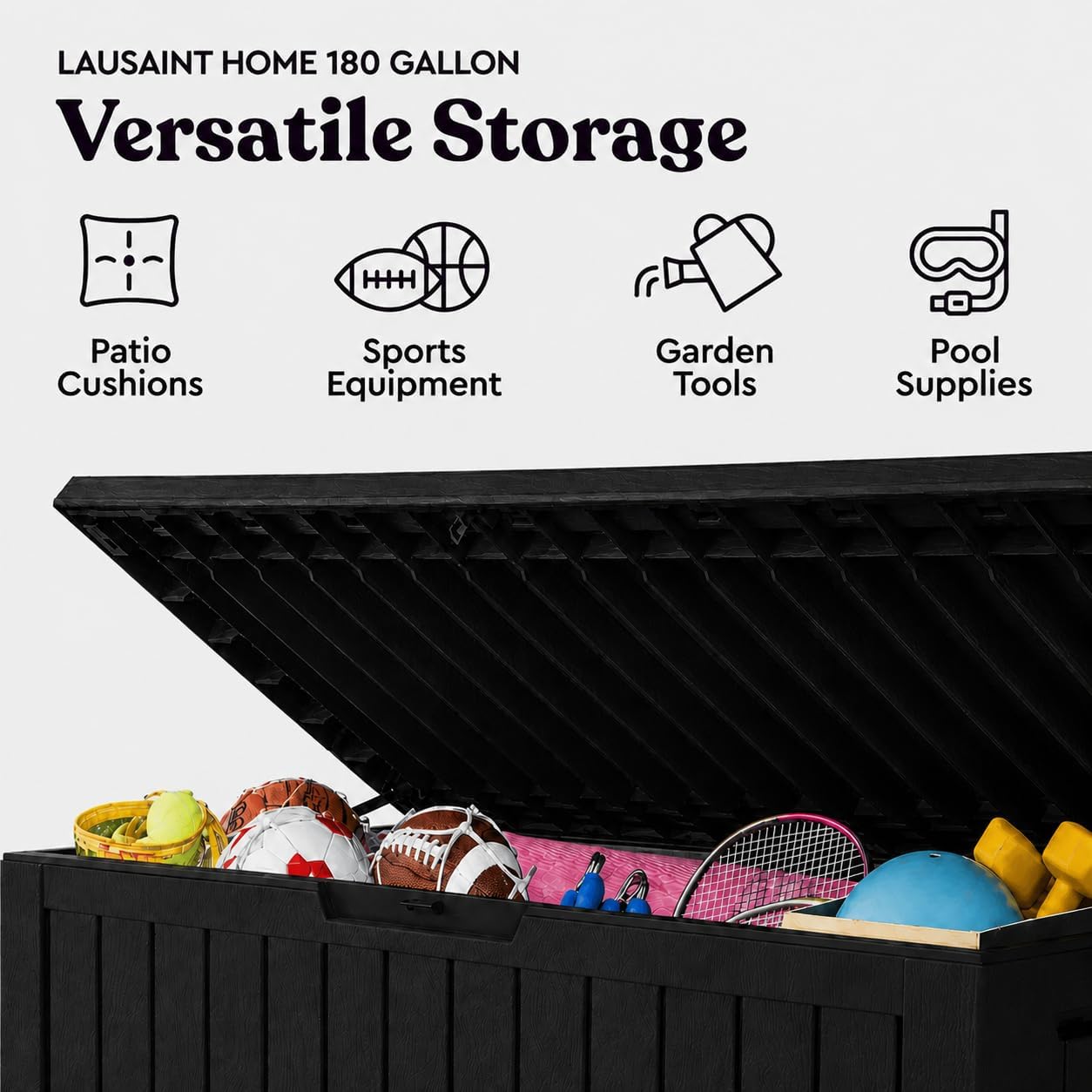 LAUSAINT HOME 320 Gallon Resin Deck Box, Package Delivery Box with Lockable Lid, Waterproof Outdoor Storage Box For Garden Tools, Patio Cushions(320 Gallon,Black)
