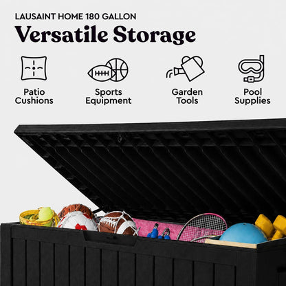 LAUSAINT HOME 320 Gallon Resin Deck Box, Package Delivery Box with Lockable Lid, Waterproof Outdoor Storage Box For Garden Tools, Patio Cushions(320 Gallon,Black)