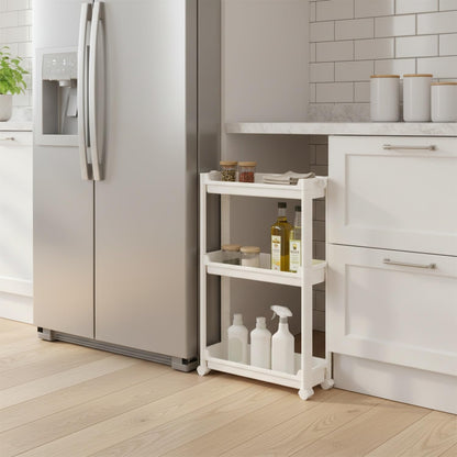 Slim Rolling Storage Cart, White | Plastic Utility Organizer, With Wheels, For Narrow Gaps, Kitchen and Bathroom
