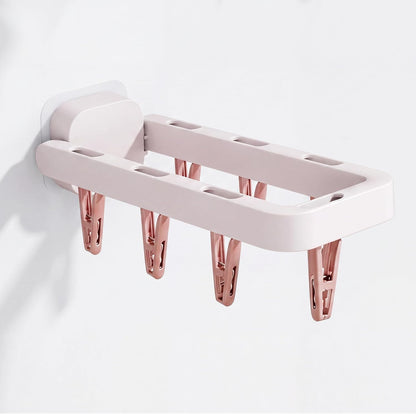 Foldable Wall Mounted Drying Rack with 7 Hidden Clips, Punch-Free Adhesive Sock & Underwear Hanger, Collapsible Space-Saving Laundry Rack for Bathroom, Balcony & Washstand, Holds 11 lbs (White-1 Pcs)