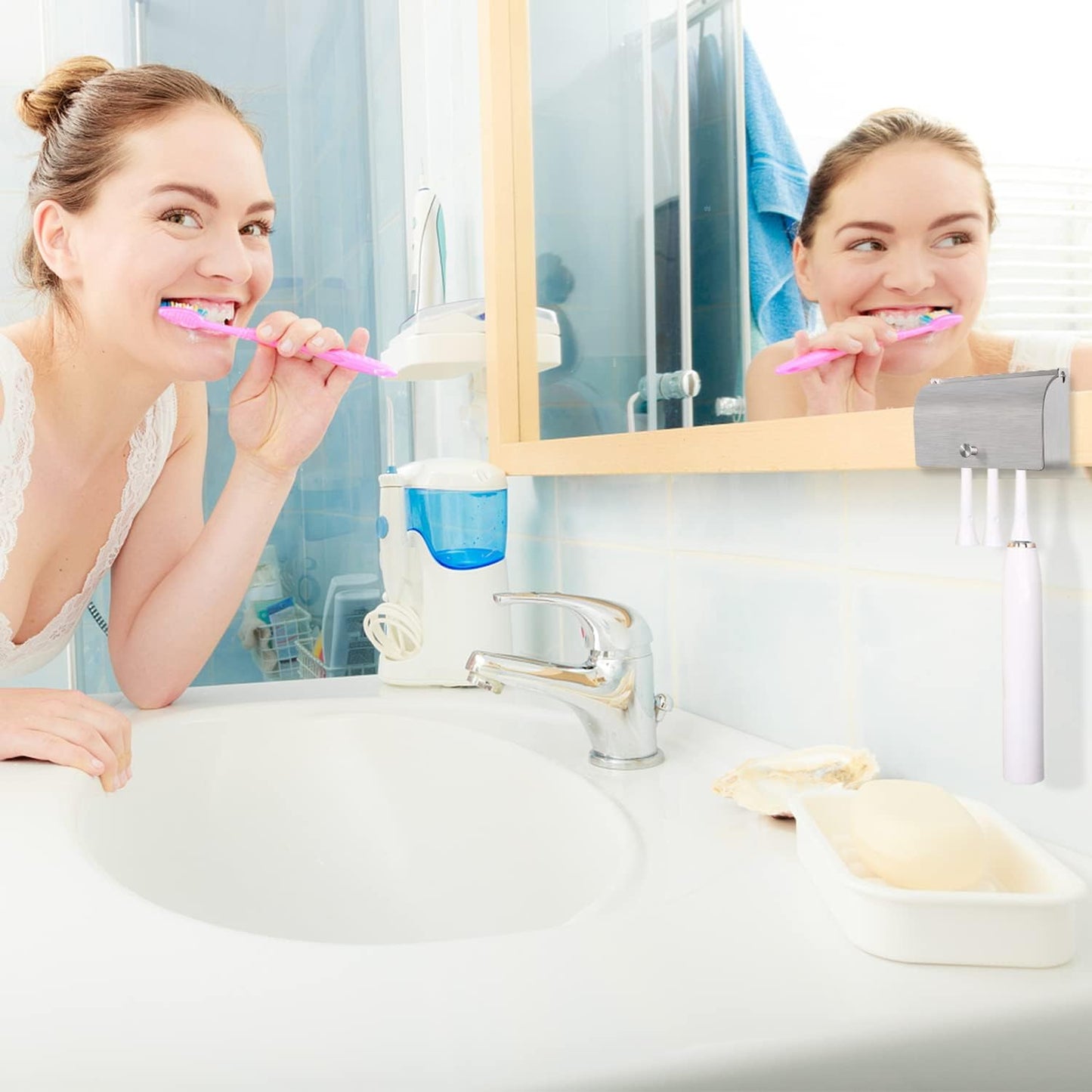 Toothbrush Holder, 304 Stainless Steel Dustproof Wall Mounted Self Adhesive Toothbrush Storage Organizer Stand Rack (9cm(4 Brush Slots))