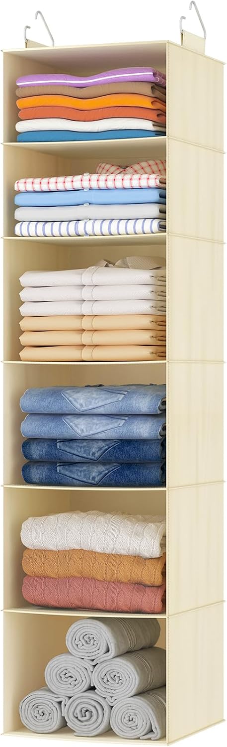 Lifewit 5 Tier Hanging Closet Organizer and Storage for Shelves, Foldable Clothes Shelf with 2 Sturdy Hooks, Sweater/Coat/Shoes Clothing Organization for Wardrobe, Dorm, Bedroom, Gray