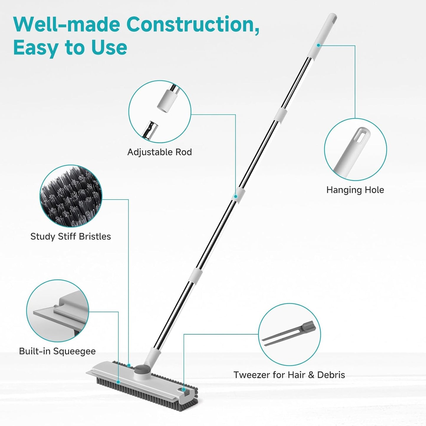 Floor Scrub Brush with Long Handle Length Adjustable, 3 in 1 Heavy-Duty Stiff 90° Bristle Floor Scrubber Broom with Squeegee, Cleaning Brush for Bathroom, Garage, Kitchen, Tile, Deck & Patio (Gray)