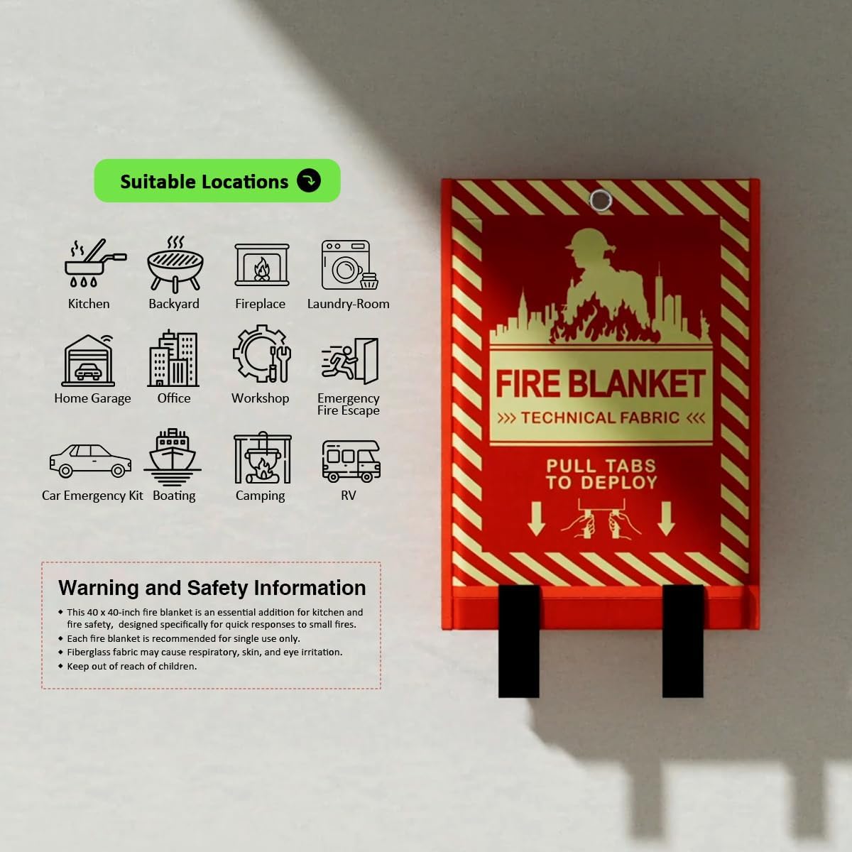 Glow-in-The-Dark Emergency Fire Blanket-3 ply Glass Fibre Fabric Construction, 2 Side Silicone Coated Fire Blanket, 40” x 40” Fiberglass Fire Blankets Emergency for Home and Kitchen, 2 Pack