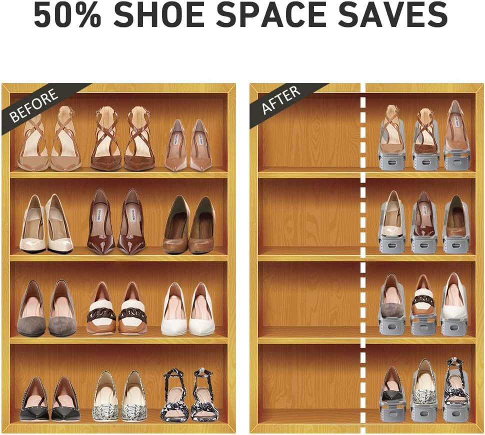 NVGSN Shoe Slots Organizer 20 Pack - Shoe Stackers, Space Savers 50%, 4 Levels Adjustable, Double Layer Holders for Closet, White