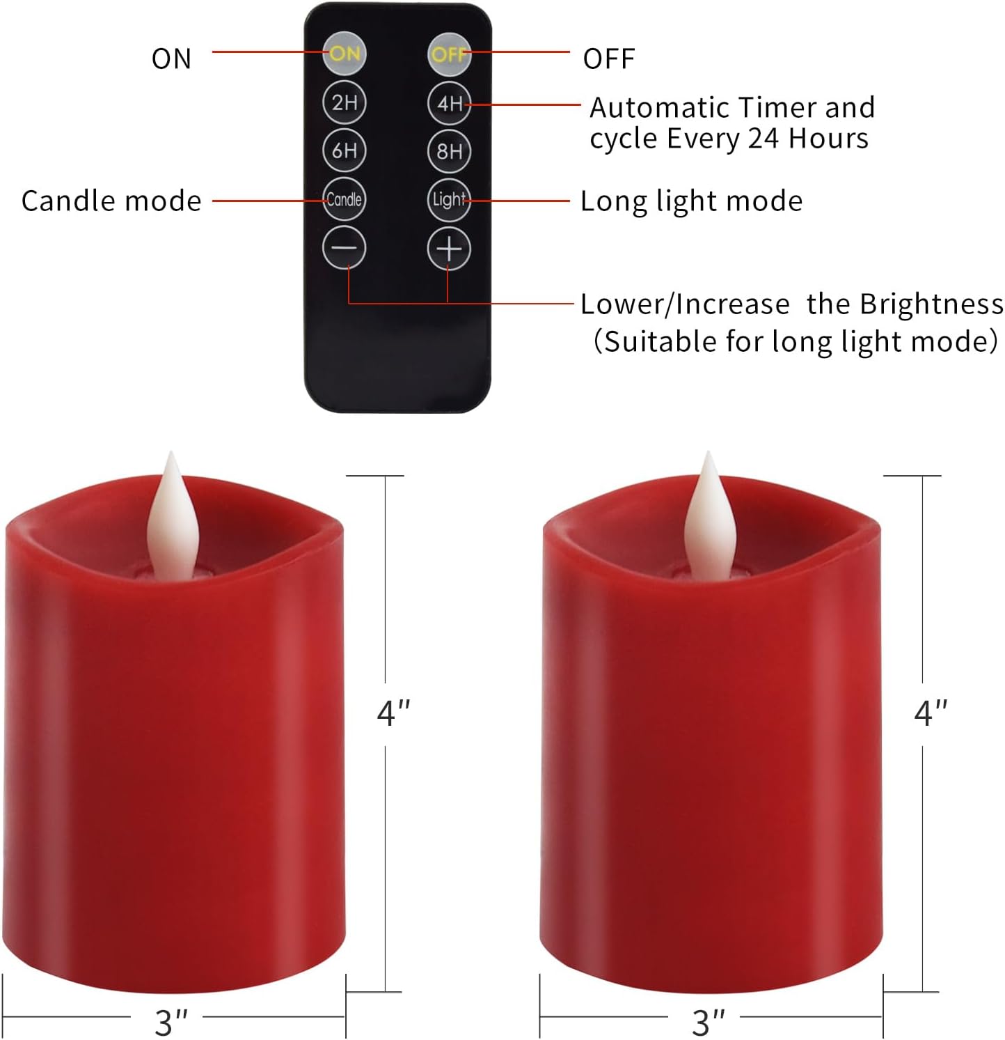 3x3 Flameless Candles with Remote Set of 2, 3 inch Battery Candles Flickering with Timer, LED Pillar Candle for Indoor/Outdoor, White
