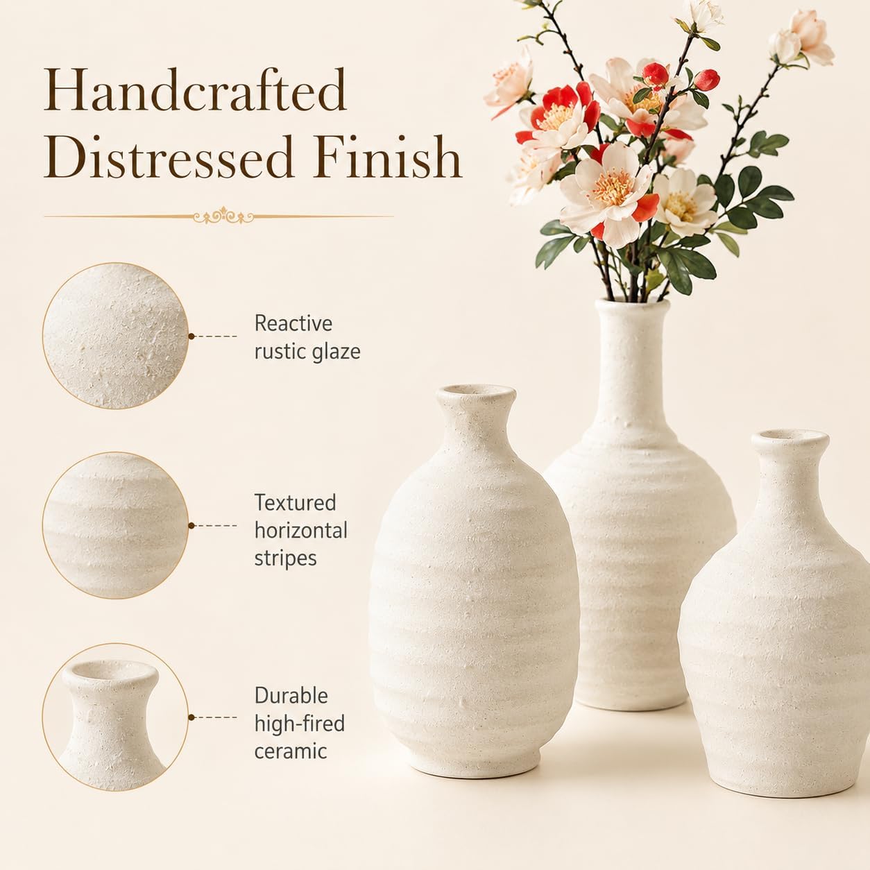 White Textured Ceramic Vases Set of 4, Small Rustic Pottery Vases for Dried Flowers, Minimalist Farmhouse Decorative Bud Vases for Table Shelf Living Room Home Decor